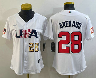 Women's USA Baseball #28 Nolan Arenado Number 2023 White World Classic Replica Stitched Jersey 03