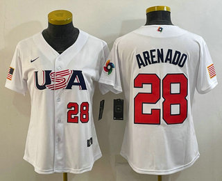 Women's USA Baseball #28 Nolan Arenado Number 2023 White World Classic Replica Stitched Jersey 04
