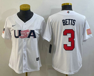 Women's USA Baseball #3 Mookie Betts 2023 White World Classic Replica Stitched Jersey 02
