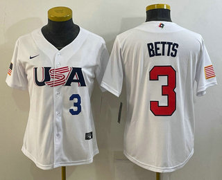 Women's USA Baseball #3 Mookie Betts Number 2023 White World Classic Replica Stitched Jersey 02