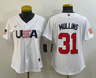 Women's USA Baseball #31 Cedric Mullins 2023 White World Classic Stitched Jersey 04