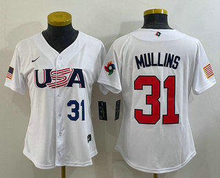 Women's USA Baseball #31 Cedric Mullins Number 2023 White World Classic Stitched Jersey 01