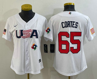 Women's USA Baseball #65 Nestor Cortes 2023 White World Classic Stitched Jersey 01