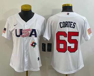 Women's USA Baseball #65 Nestor Cortes 2023 White World Classic Stitched Jersey 02