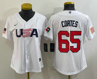 Women's USA Baseball #65 Nestor Cortes 2023 White World Classic Stitched Jersey 03