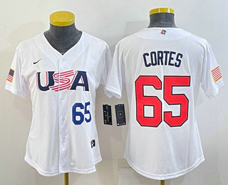 Women's USA Baseball #65 Nestor Cortes Number 2023 White World Classic Stitched Jersey 01