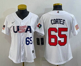 Women's USA Baseball #65 Nestor Cortes Number 2023 White World Classic Stitched Jersey 04