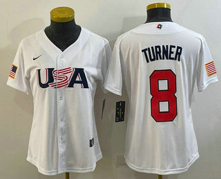Women's USA Baseball #8 Trea Turner 2023 White World Classic Stitched Jersey 02