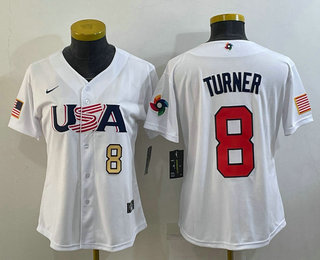 Women's USA Baseball #8 Trea Turner Number 2023 White World Classic Stitched Jersey 01
