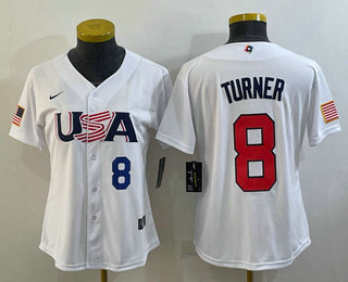 Women's USA Baseball #8 Trea Turner Number 2023 White World Classic Stitched Jersey 02