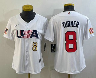 Women's USA Baseball #8 Trea Turner Number 2023 White World Classic Stitched Jersey 06
