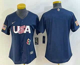 Women's USA Baseball Blank 2023 Navy World Classic Stitched Jersey 003