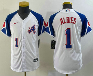 Youth Atlanta Braves #1 Ozzie Albies Number White 2023 City Connect Cool Base Stitched Jersey 02