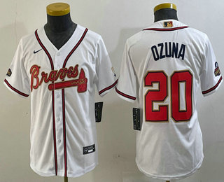 Youth Atlanta Braves #20 Marcell Ozuna White Gold World Series Champions Cool Base Stitched Jersey