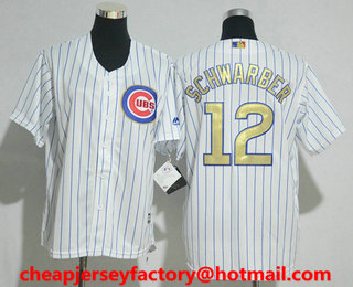 Youth Chicago Cubs #12  Kyle Schwarber White World Series Champions Gold Stitched MLB 2017 Cool Base Jersey
