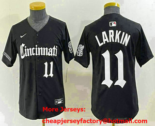 Youth Cincinnati Reds #11 Barry Larkin Number Black Cool Base Stitched Jersey