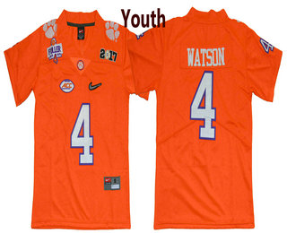 Youth Clemson Tigers #4 Deshaun Watson Orange Diamond Quest 2017 Championship Game Patch Stitched CFP Nike Limited Jersey