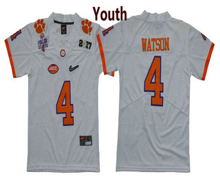 Youth Clemson Tigers #4 Deshaun Watson White Diamond Quest 2017 Championship Game Patch Stitched CFP Nike Limited Jersey