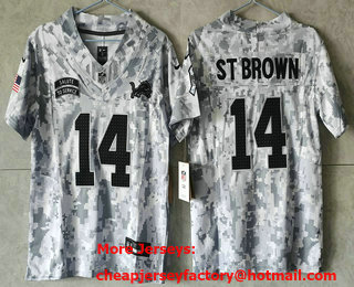 Youth Detroit Lions #14 Amon Ra St Brown Arctic Camo 2024 FUSE Salute to Service Limited Stitched Jersey
