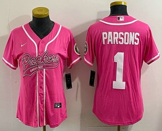 Youth Green Bay Packers #1 Micah Parsons Pink With Patch Cool Base Stitched Baseball Jersey