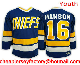 Youth Hanson brothers Charlestown CHIEFS #16 Jack HANSON Blue Away Ice Hockey Jersey