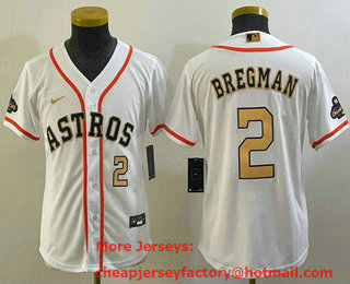 Youth Houston Astros #2 Alex Bregman Number 2023 White Gold World Serise Champions Patch Cool Base Stitched Jersey 02