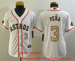 Youth Houston Astros #3 Jeremy Pena Number 2023 White Gold World Serise Champions Patch Cool Base Stitched Jersey 03