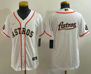 Youth Houston Astros Big Logo 2023 White Gold World Serise Champions Patch Cool Base Stitched Jersey 02