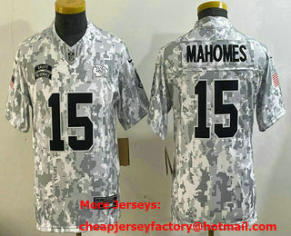 Youth Kansas City Chiefs #15 Patrick Mahomes Arctic Camo 2024 FUSE Salute to Service Limited Stitched Jersey