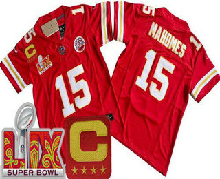 Youth Kansas City Chiefs #15 Patrick Mahomes Limited Red C Patch Super Bowl LIX FUSE Vapor Jersey