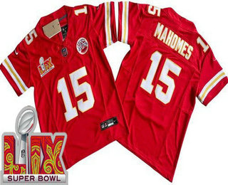 Youth Kansas City Chiefs #15 Patrick Mahomes Limited Red Super Bowl LIX FUSE Vapor Jersey