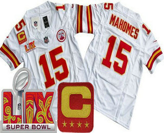 Youth Kansas City Chiefs #15 Patrick Mahomes Limited White C Patch Super Bowl LIX FUSE Vapor Jersey
