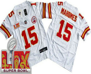 Youth Kansas City Chiefs #15 Patrick Mahomes Limited White Super Bowl LIX FUSE Vapor Jersey