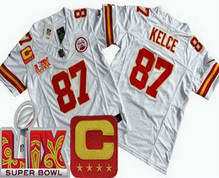 Youth Kansas City Chiefs #87 Travis Kelce Limited White C Patch Super Bowl LIX FUSE Vapor Jersey