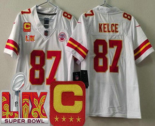 Youth Kansas City Chiefs #87 Travis Kelce Limited White C Patch Super Bowl LIX Vapor Jersey
