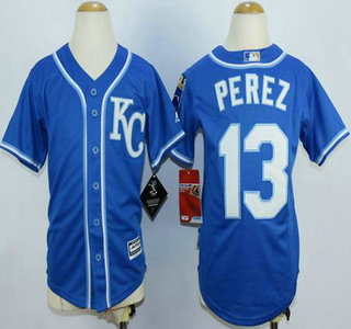 Youth Kansas City Royals #13 Salvador Perez Alternate Blue KC 2015 MLB Cool Base Jersey