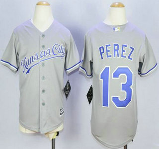 Youth Kansas City Royals #13 Salvador Perez Grey Road 2015 MLB Cool Base Jersey