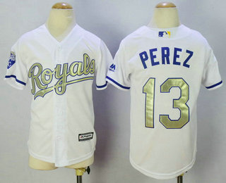 Youth Kansas City Royals #13 Salvador Perez White World Series Champions Gold Program Baseball Jersey