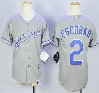 Youth Kansas City Royals #2 Alcides Escobar Grey Road 2015 MLB Cool Base Jersey