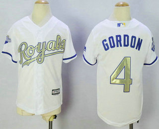 Youth Kansas City Royals #4 Alex Gordon White World Series Champions Gold Program Jersey