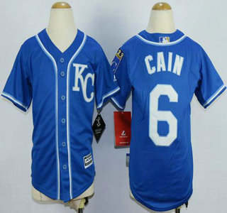 Youth Kansas City Royals #6 Lorenzo Cain Alternate Blue KC 2015 MLB Cool Base Jersey