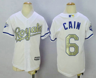 Youth Kansas City Royals #6 Lorenzo Cain White World Series Champions Gold Program Baseball Jersey