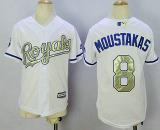 Youth Kansas City Royals #8 Mike Moustakas White World Series Champions Gold Program Baseball Jersey