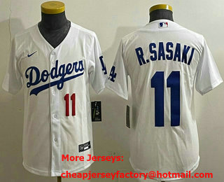 Youth Los Angeles Dodgers #11 Roki Sasaki Number White Cool Base Stitched Jersey
