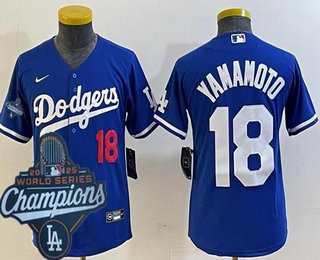 Youth Los Angeles Dodgers #18 Yoshinobu Yamamoto Blue 2025 World Series Champions Limited Jersey