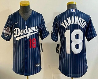 Youth Los Angeles Dodgers #18 Yoshinobu Yamamoto Blue Pinstripe Cool Base Stitched Jersey