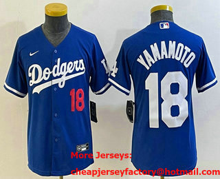 Youth Los Angeles Dodgers #18 Yoshinobu Yamamoto Number Blue Stitched Cool Base Nike Jersey