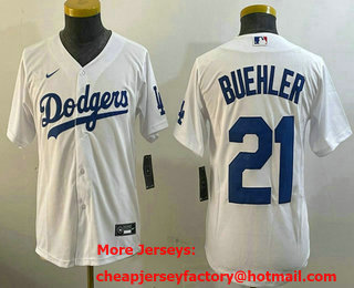 Youth Los Angeles Dodgers #21 Walker Buehler White Stitched Cool Base Nike Jersey