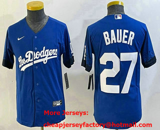 Youth Los Angeles Dodgers #27 Trevor Bauer Blue City Connect Cool Base Stitched Jersey
