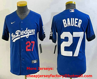 Youth Los Angeles Dodgers #27 Trevor Bauer Number Blue City Connect Cool Base Stitched Jersey